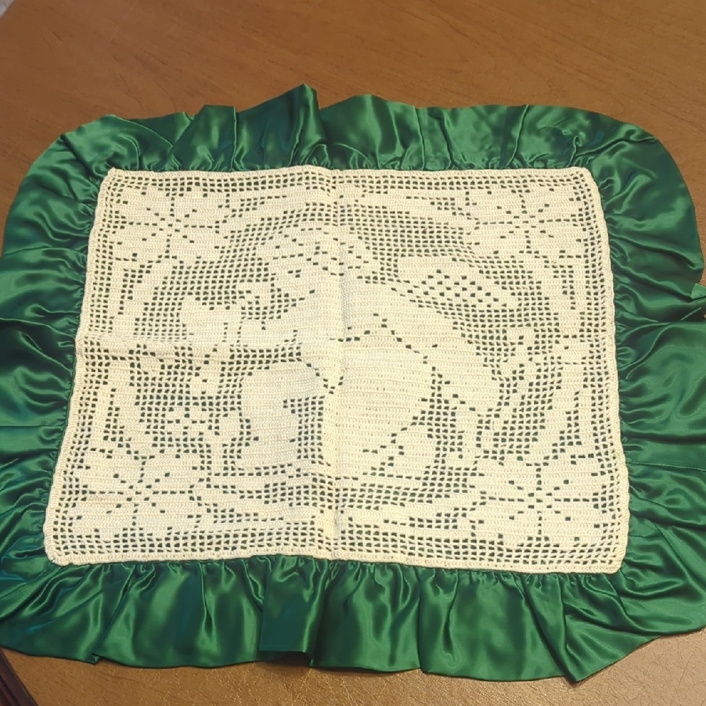 Pillowcase...Handmade White Crochet On Green Satin w/ Ruffle. Cherub Design.